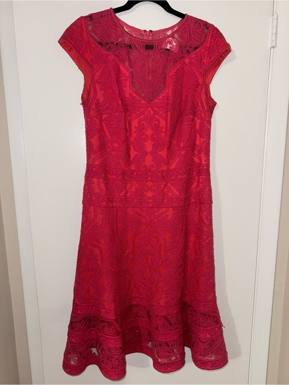 Tadashi Shoji Red Lace Midi Dress with Cap Sleeves
